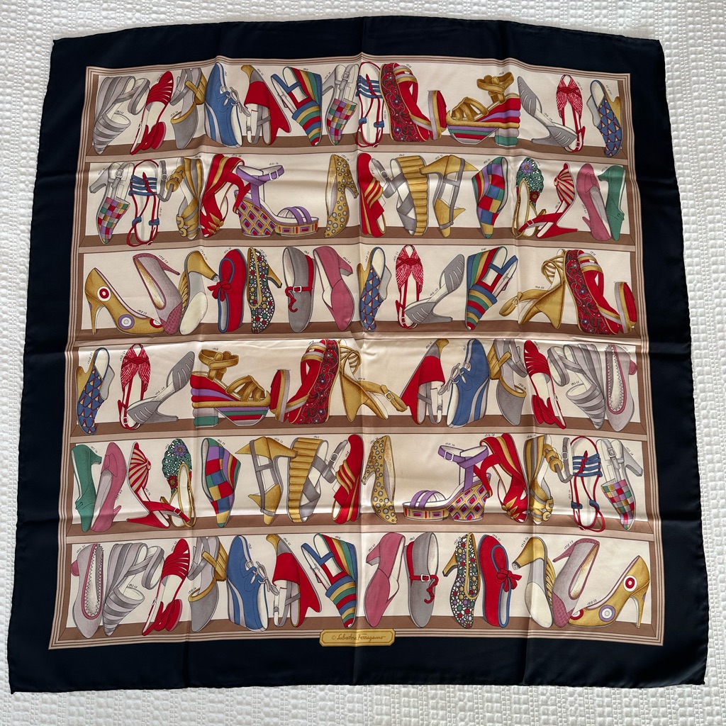 Salvatore Ferragamo Silk Shoe Print Scarf In Navy, Red, Gold, Green